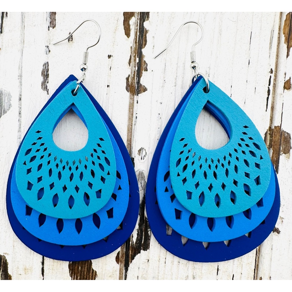 Layered Teardrop Earrings Shades of Blue Laser Cut Wood NEW